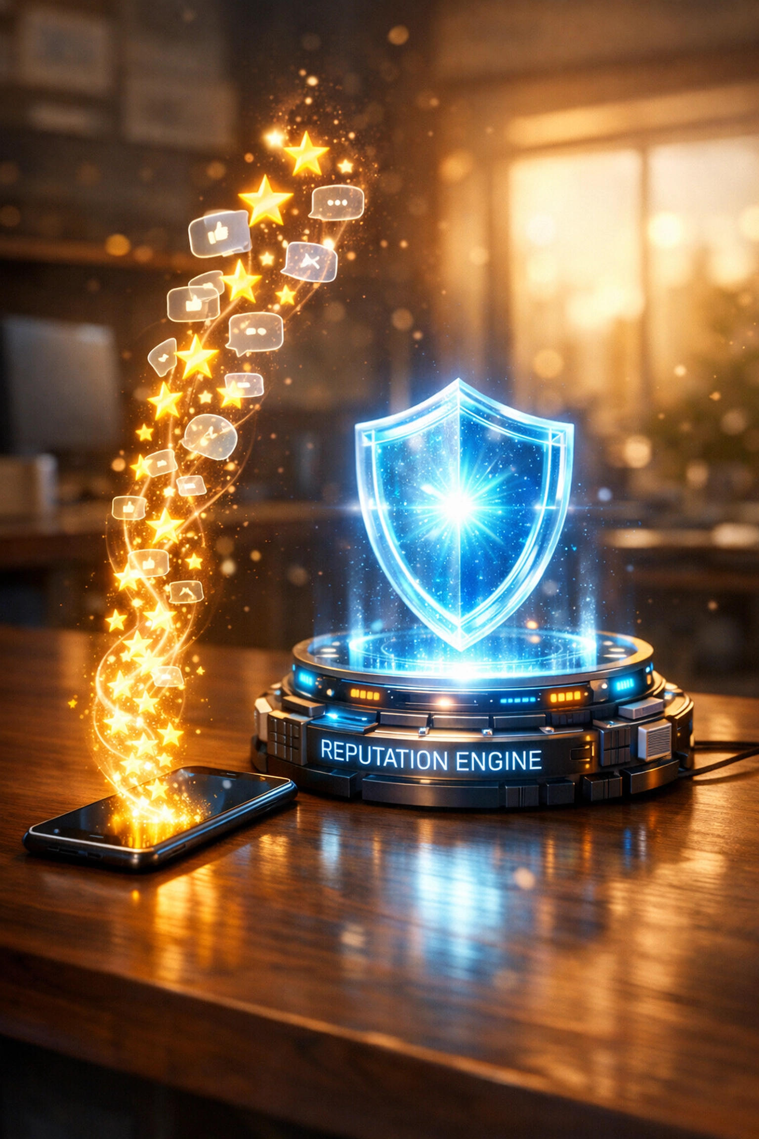 Visual representation of review velocity for Google AI search with stars flowing from a smartphone.