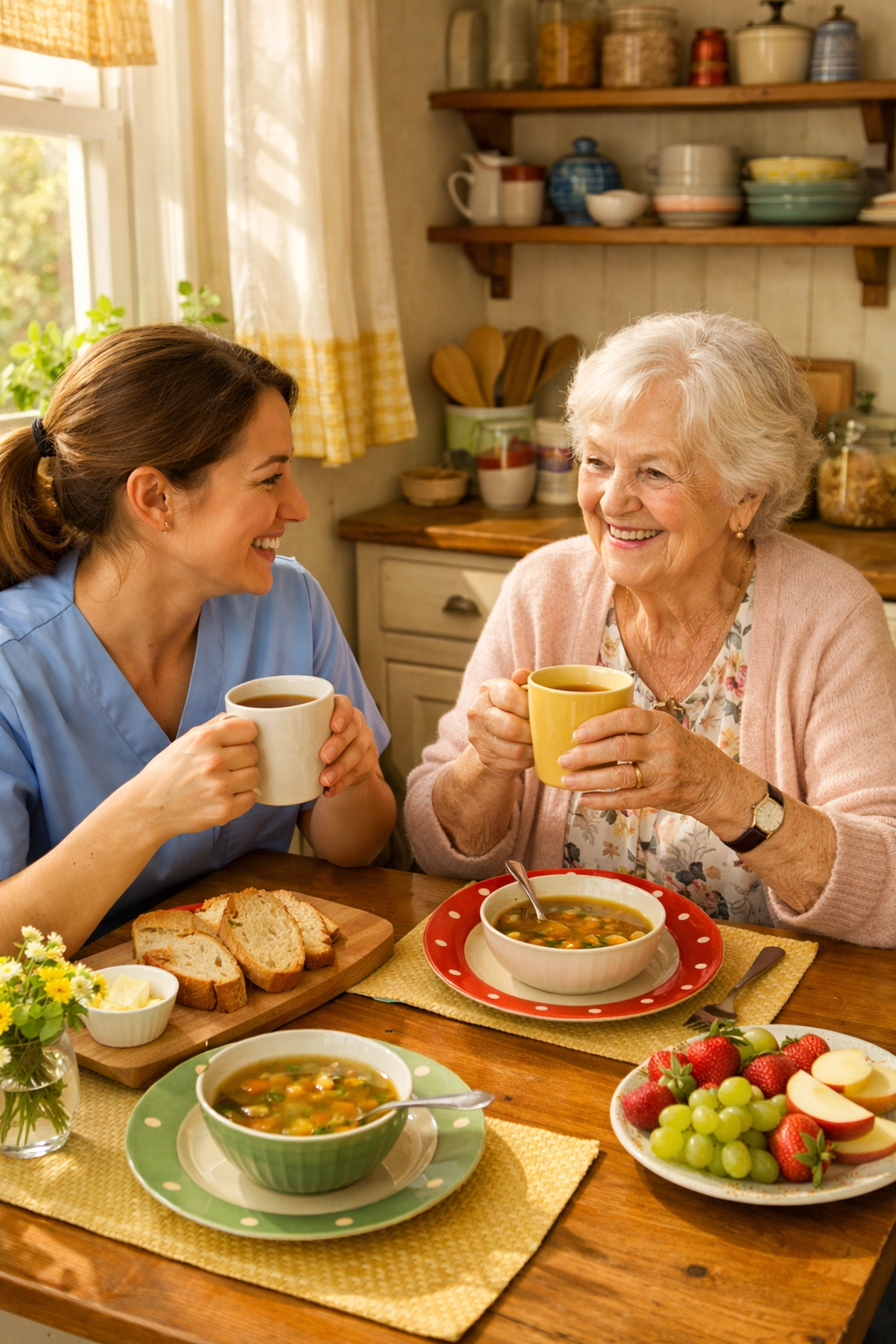 Healthcare assistant and elderly woman sharing meal together providing nutrition support