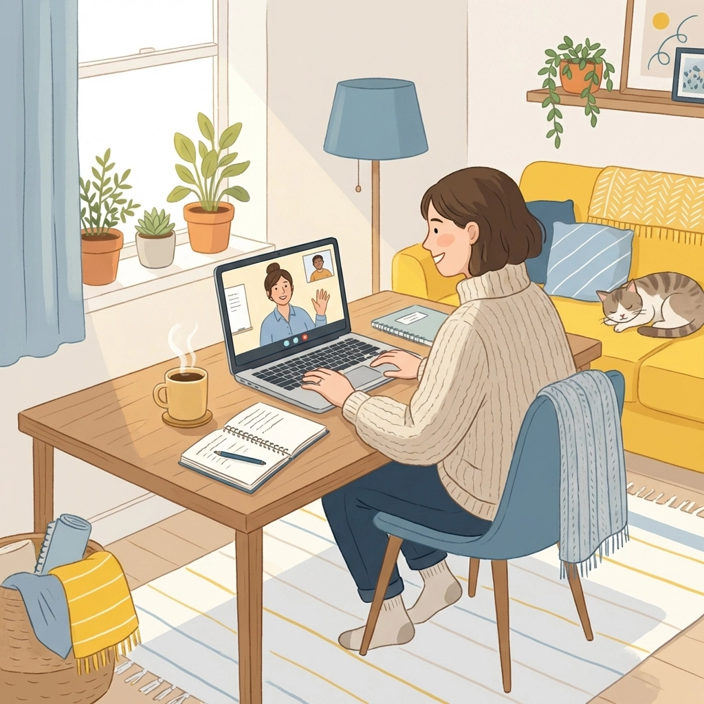 Persona asistiendo a un curso RBT en español desde casa, mostrando accesibilidad y flexibilidad en el aprendizaje online.