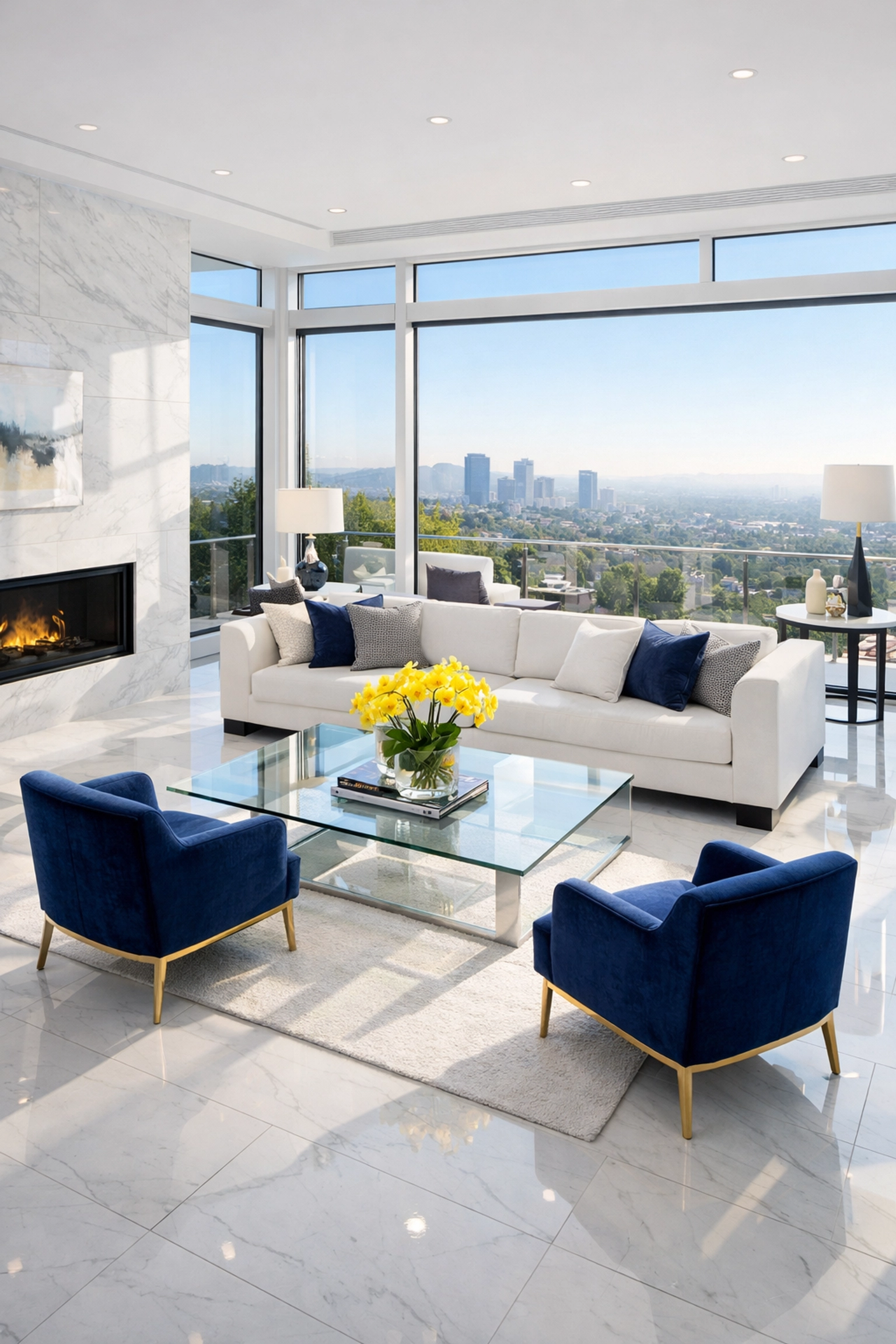 A sun-drenched Westwood luxury living room with spotless marble floors following a Westwood Luxury Cleaning visit.