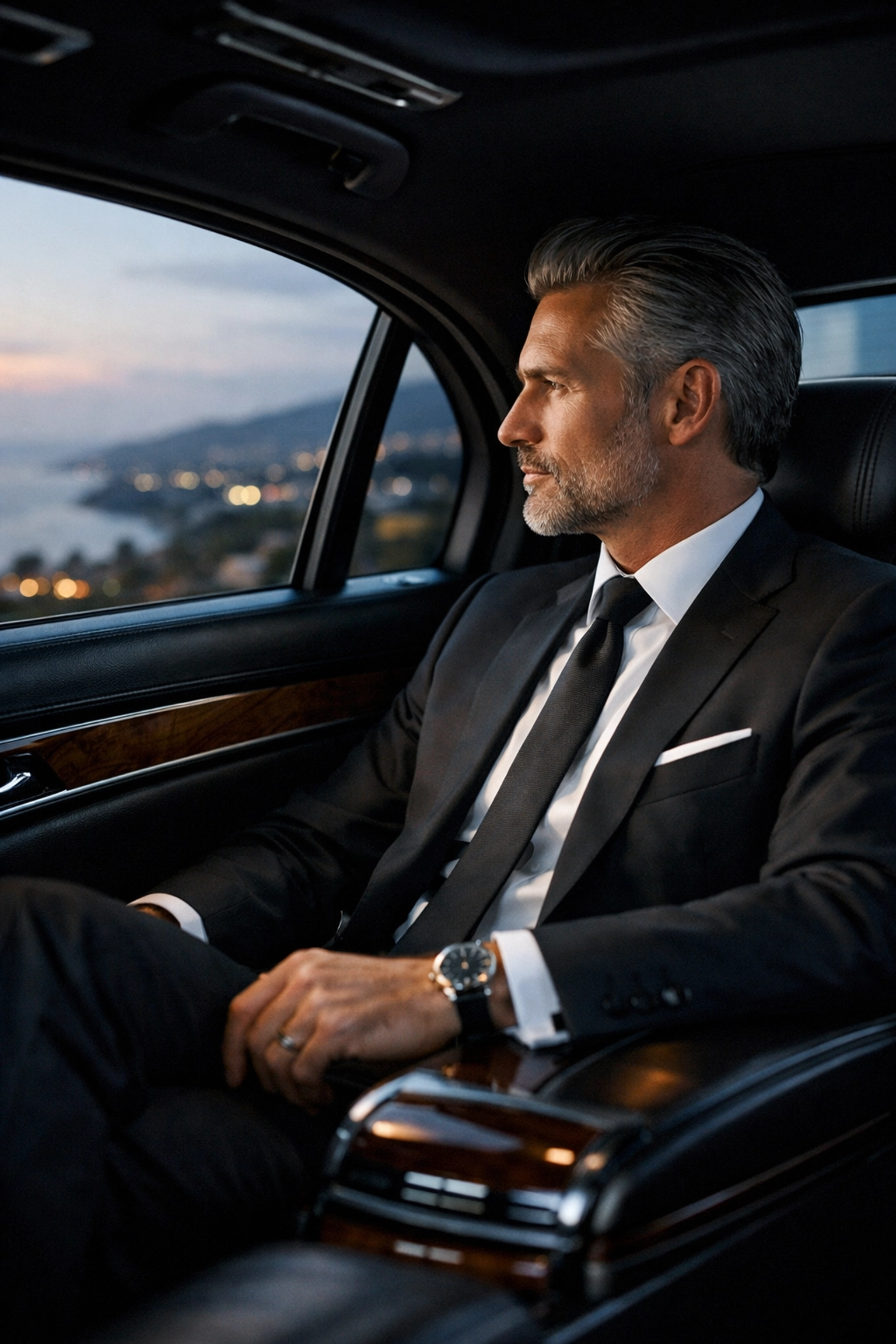 Executive passenger in a luxury car service Orange County vehicle traveling through Laguna Niguel.