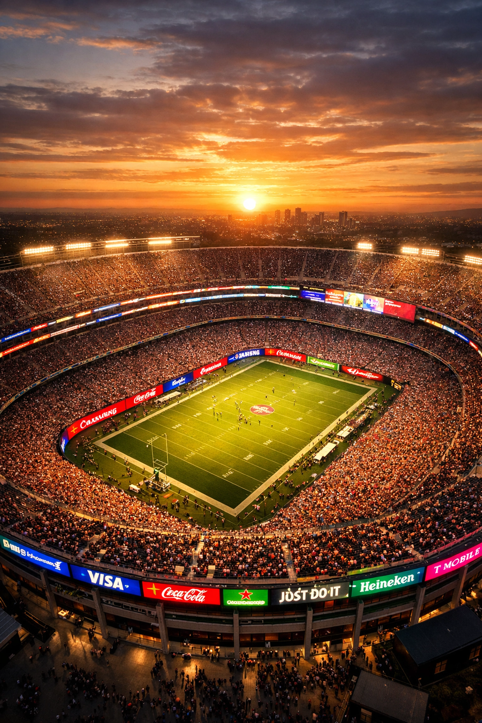 Packed stadium during major sporting event showing digital sponsorship opportunities