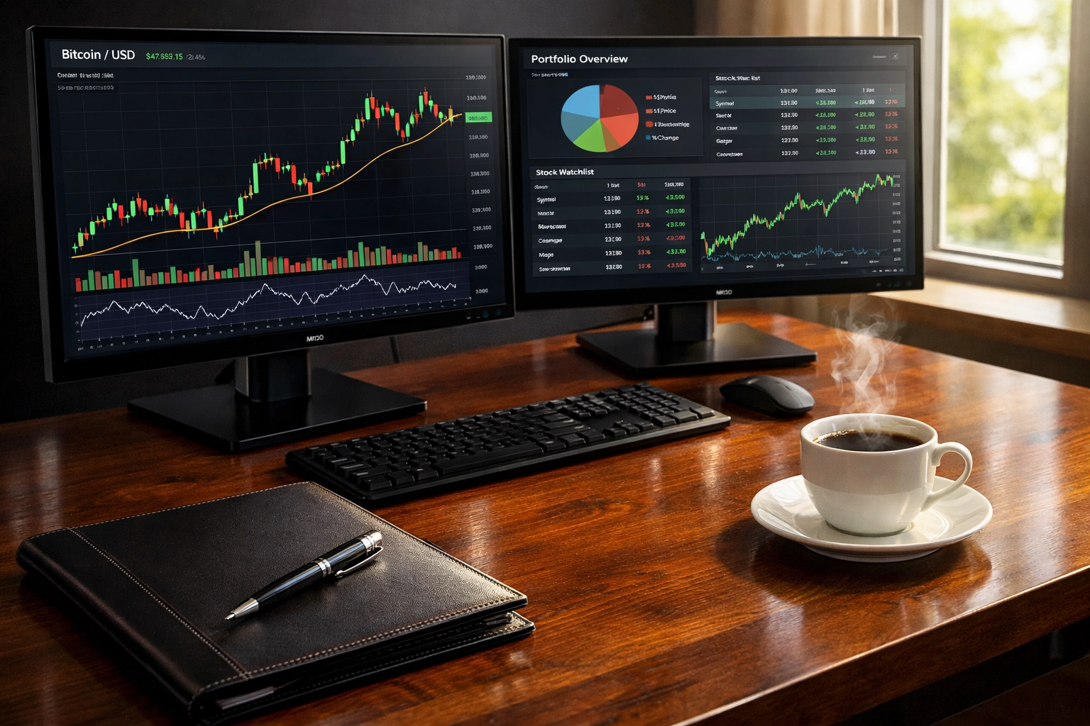 Dual monitor setup tracking Bitcoin and traditional stock market portfolio performance