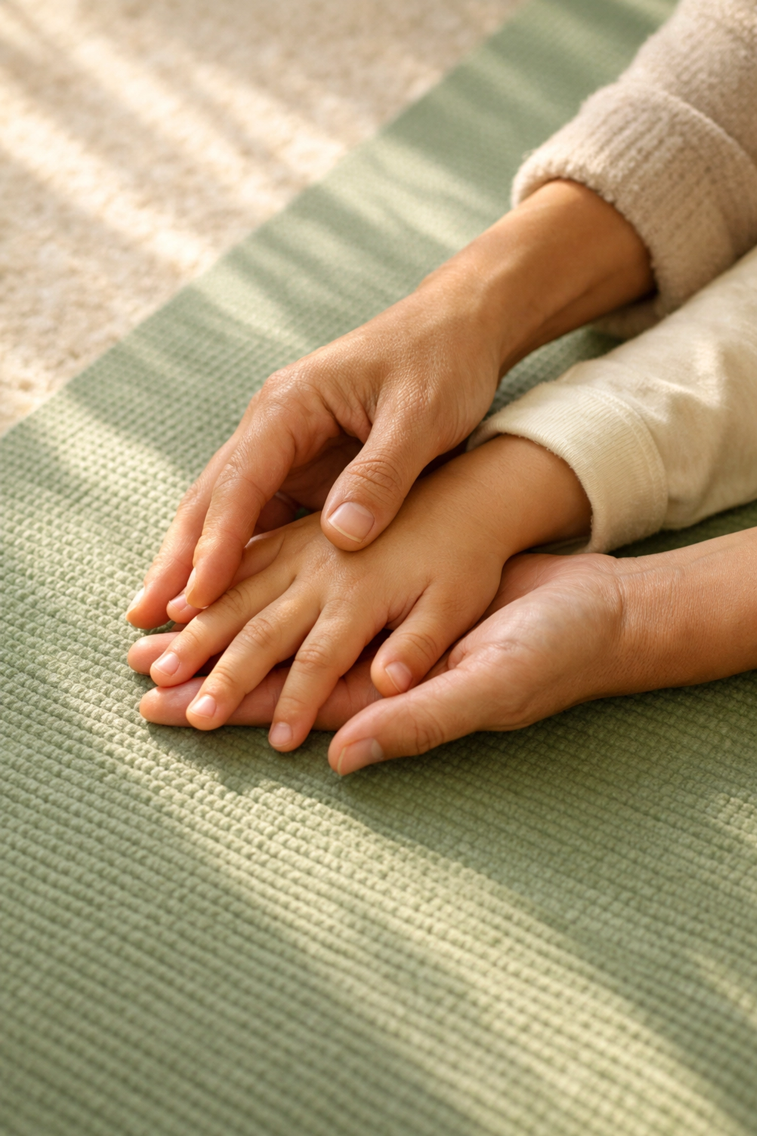 Caregiver hands gently guiding child through therapeutic movement on soft surface