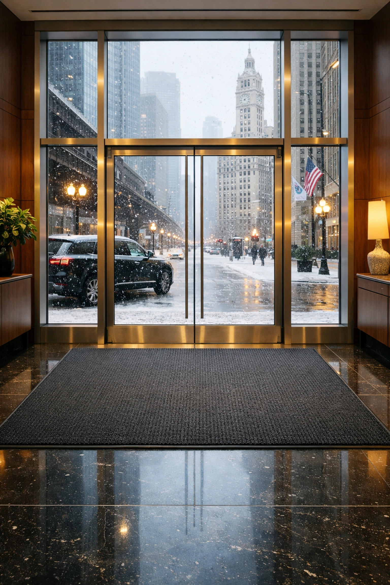 Clean luxury apartment entryway in Chicago with snow outside, demonstrating professional winter maintenance.