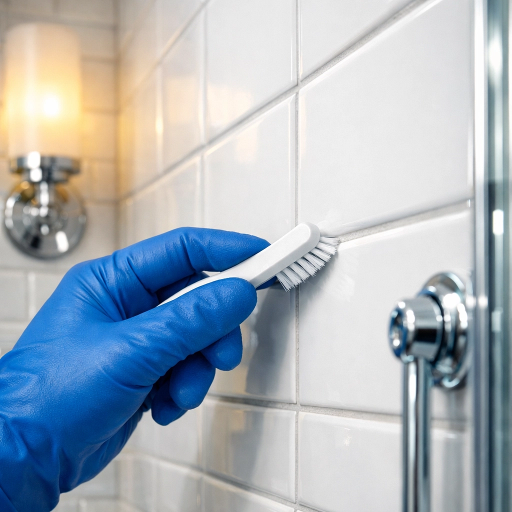 Detailed bathroom grout scrubbing as part of professional deep cleaning services in Massachusetts.