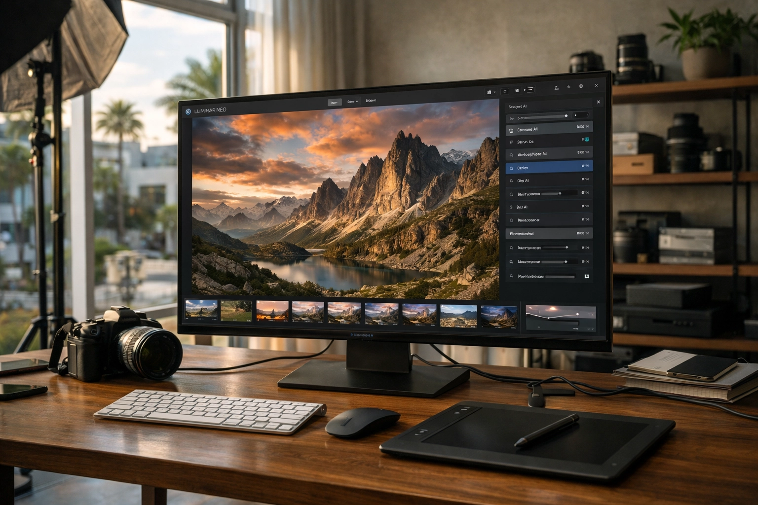 Professional Miami photography studio setup showing Luminar Neo software on a monitor for fine art editing.