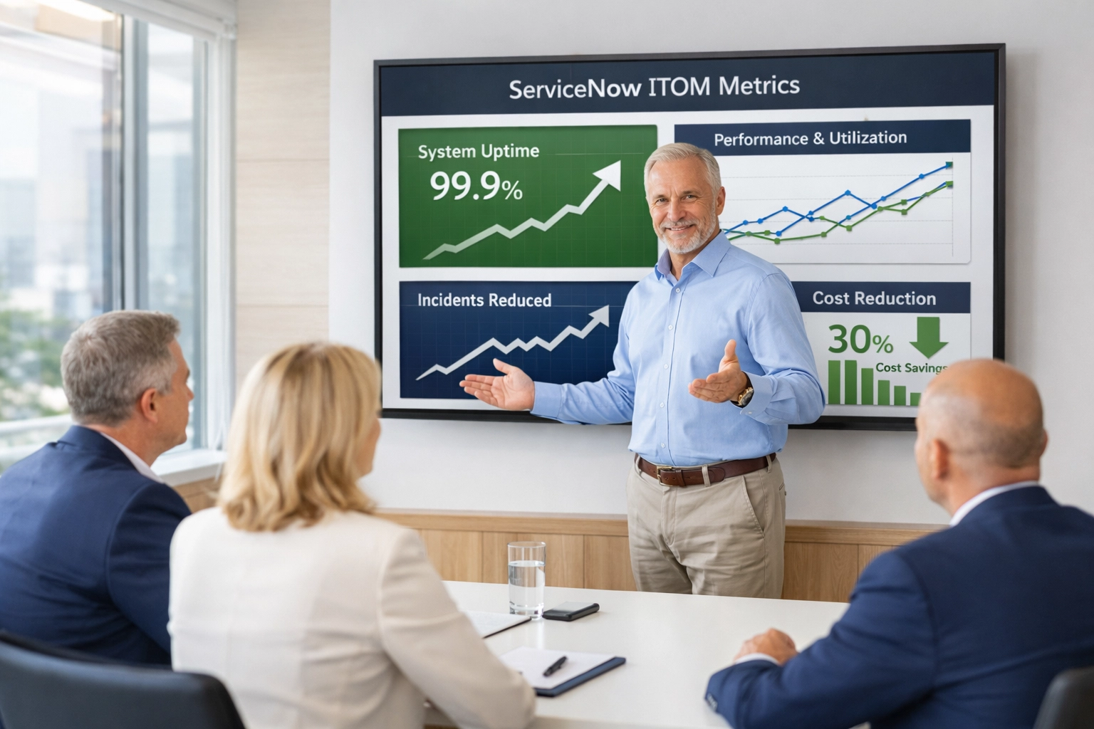 ServiceNow consulting partner presenting ITOM cost reduction metrics and ROI results to executives
