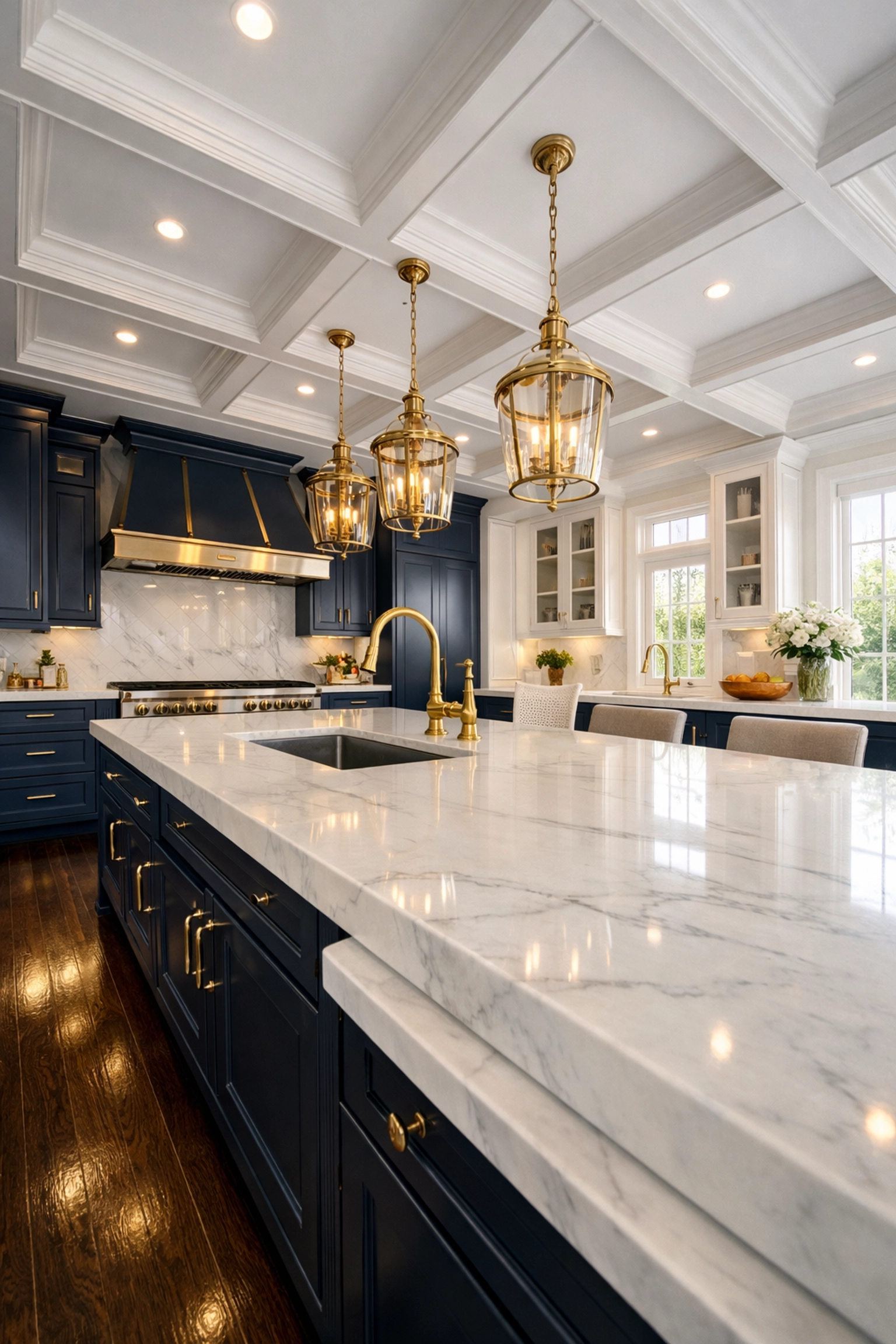 Luxury Dover kitchen with marble countertops following a residential cleaning Massachusetts service.