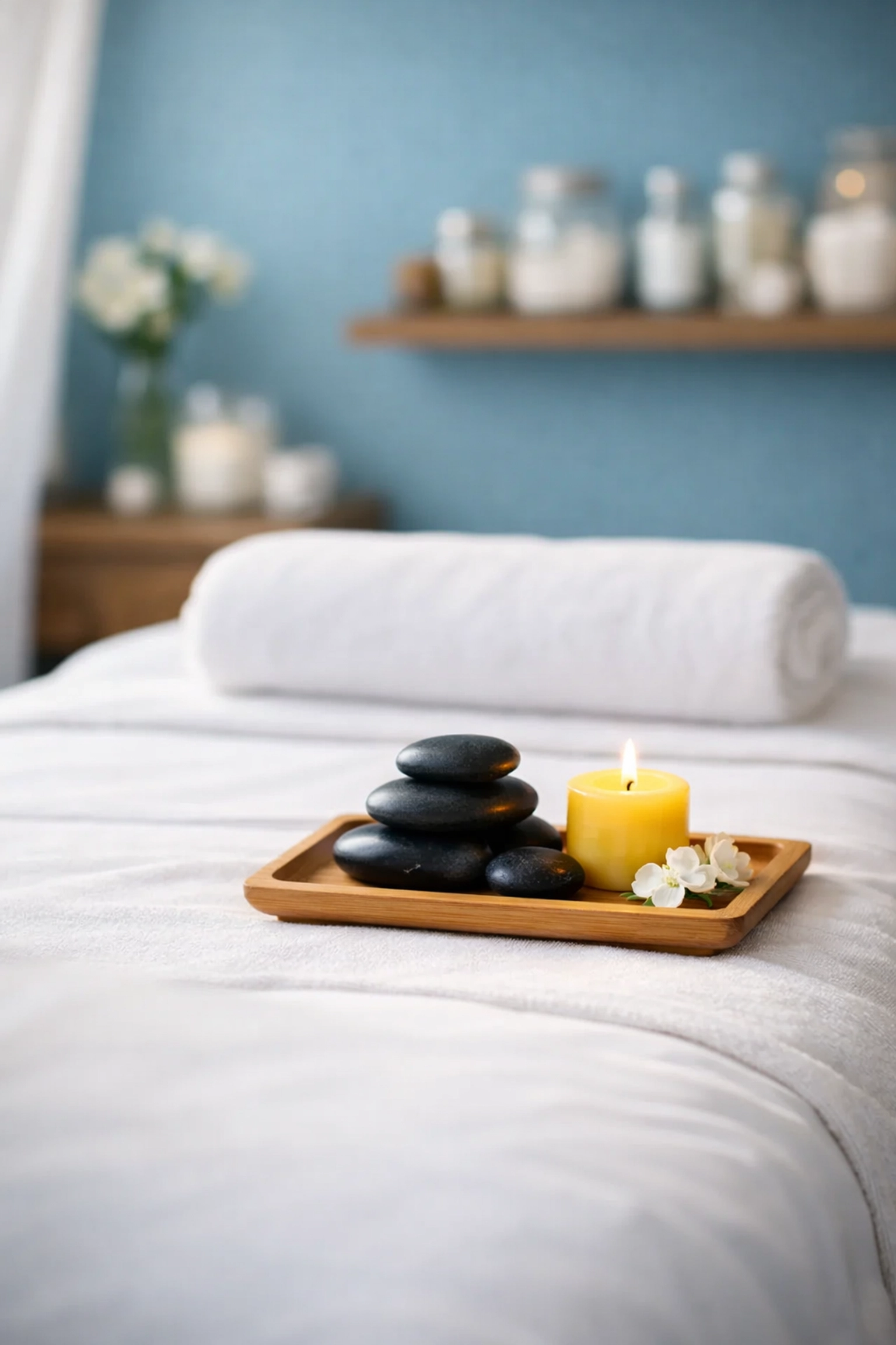 Sanitized spa treatment room with fresh white linens and massage equipment prepared by professional cleaners.