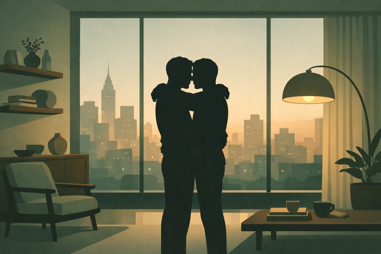 MM couple embracing by window, merging self-love and intimacy in gay romance