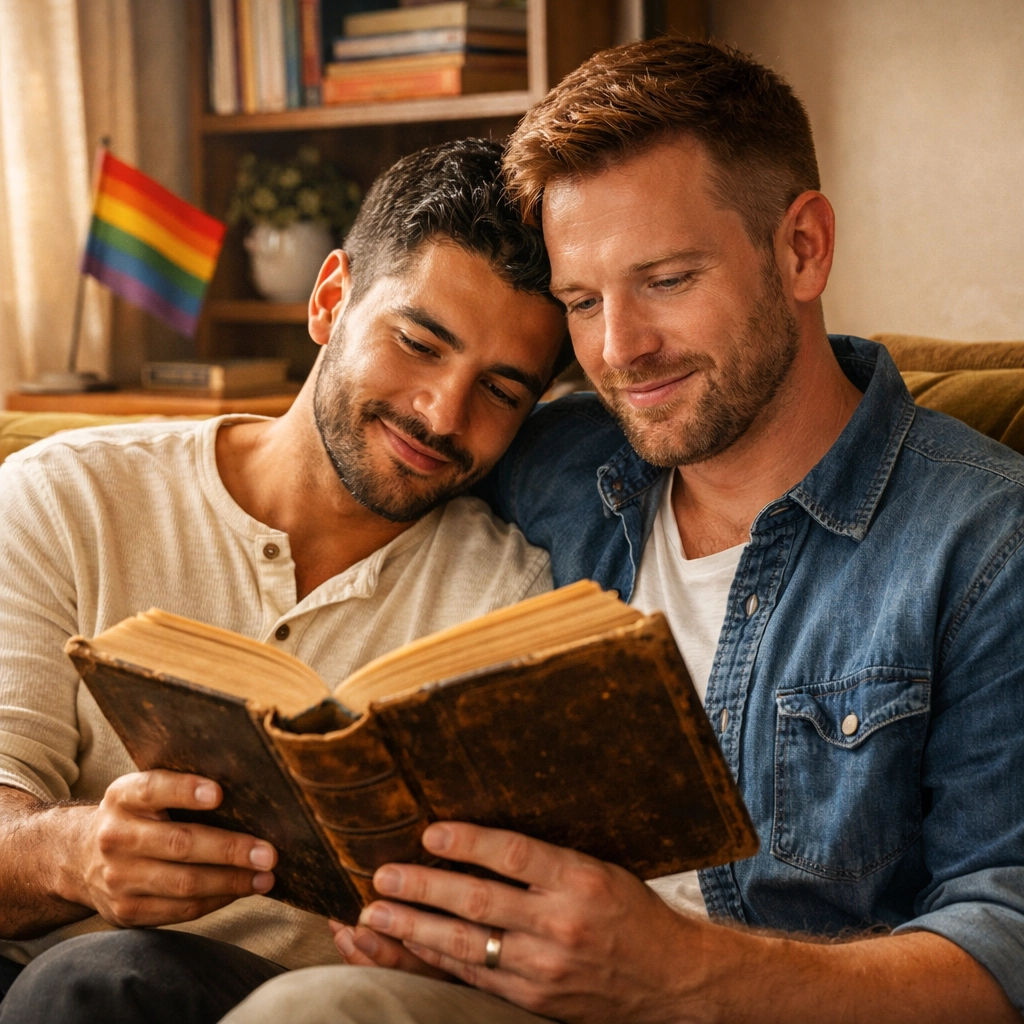 A modern gay couple bonded by a vintage book, celebrating the timeless connection of LGBTQ+ fiction and history.