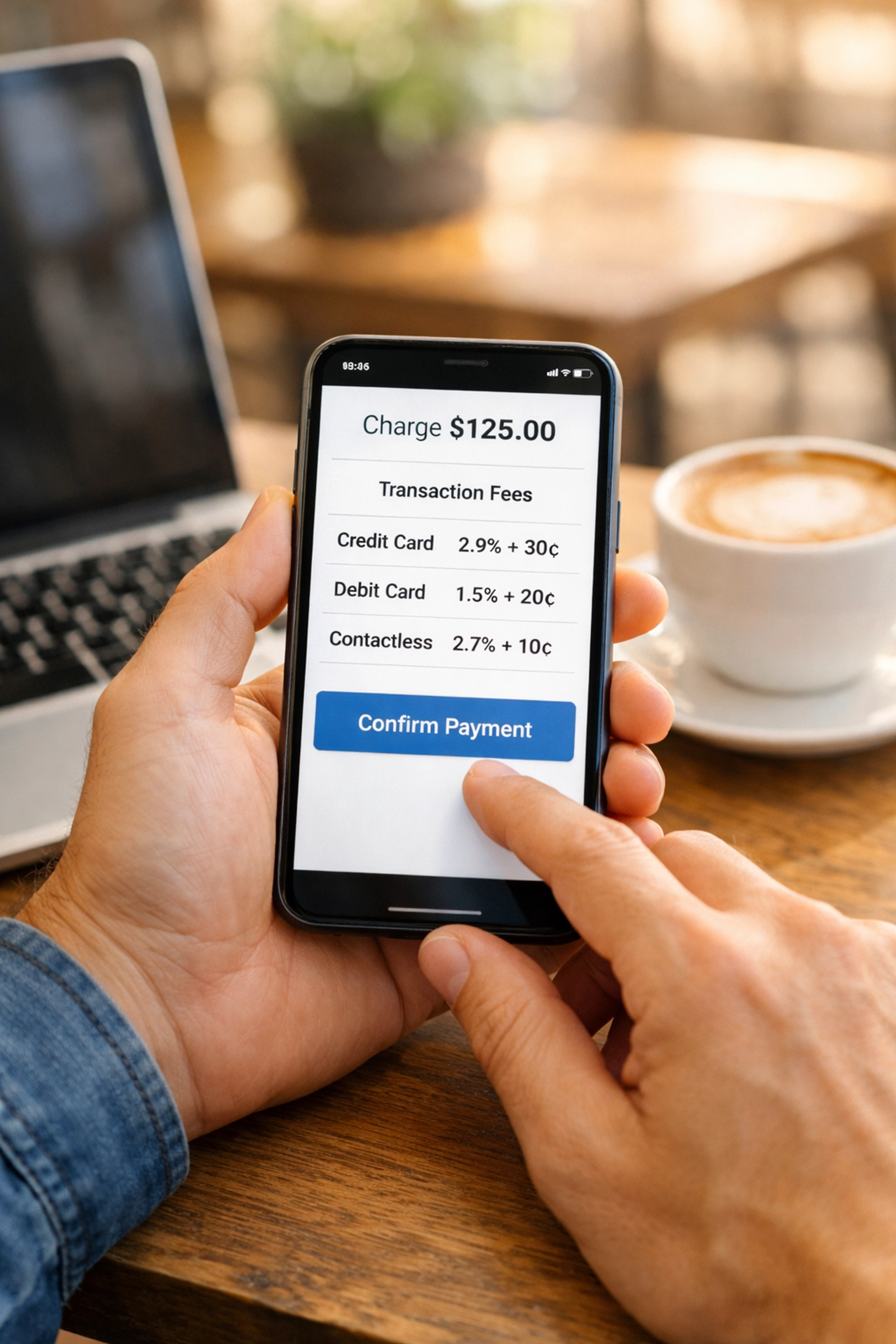 Business owner reviewing POS transaction fees and payment processing rates on smartphone