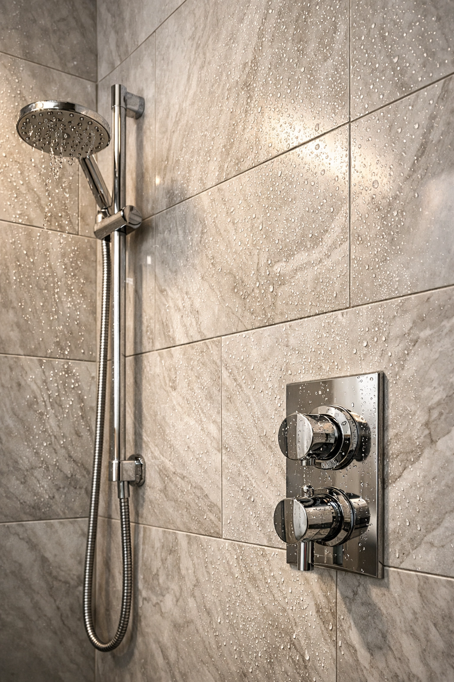 Expert tile installation in Orlando bathroom featuring marble-look porcelain tiles