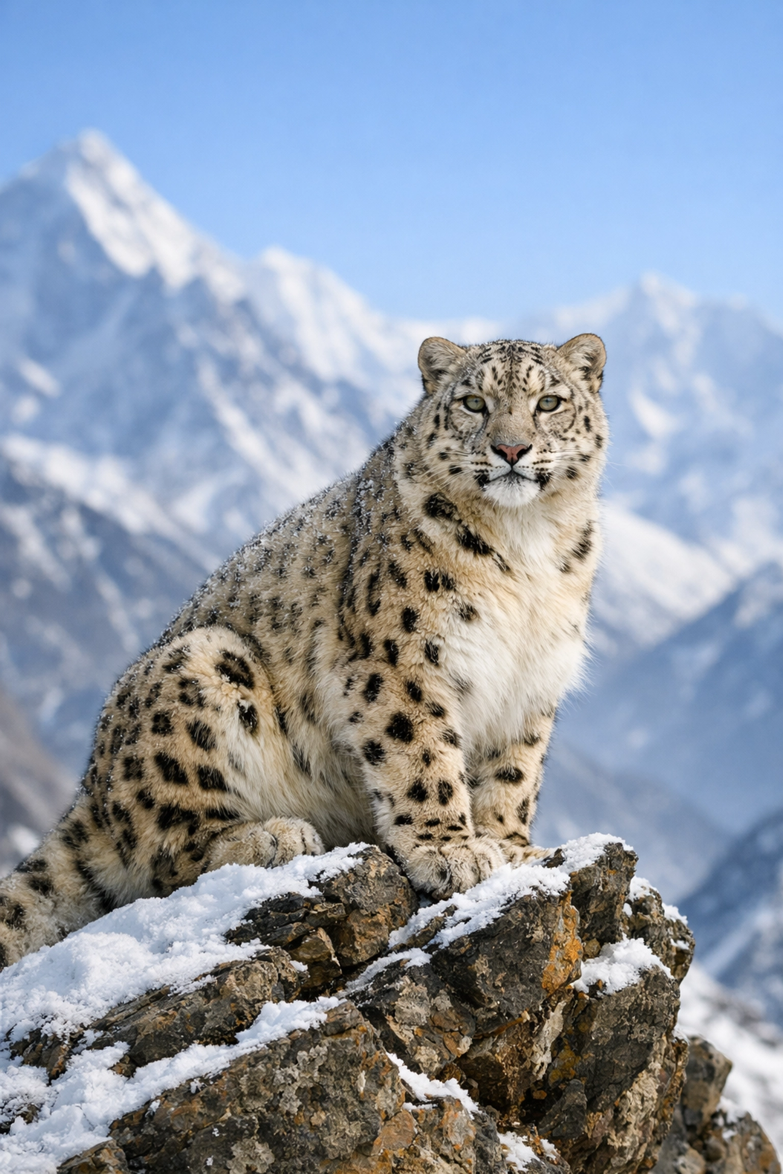 Majestic Snow Leopard in its natural Himalayan habitat, highlighting species-specific traits for animal photography.