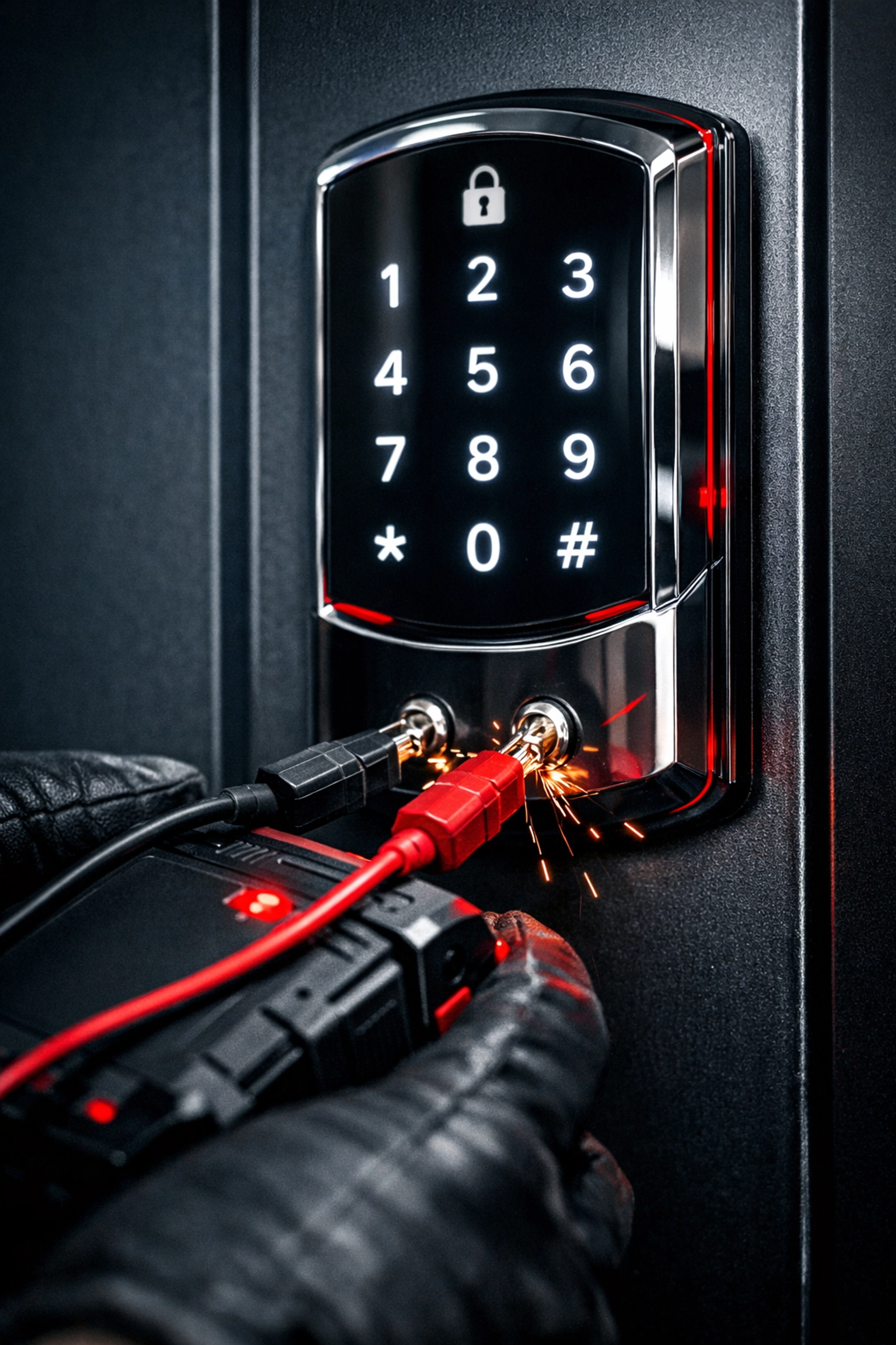 Expert technician using electronic bypass tools for non-destructive entry on a modern touchscreen smart lock.