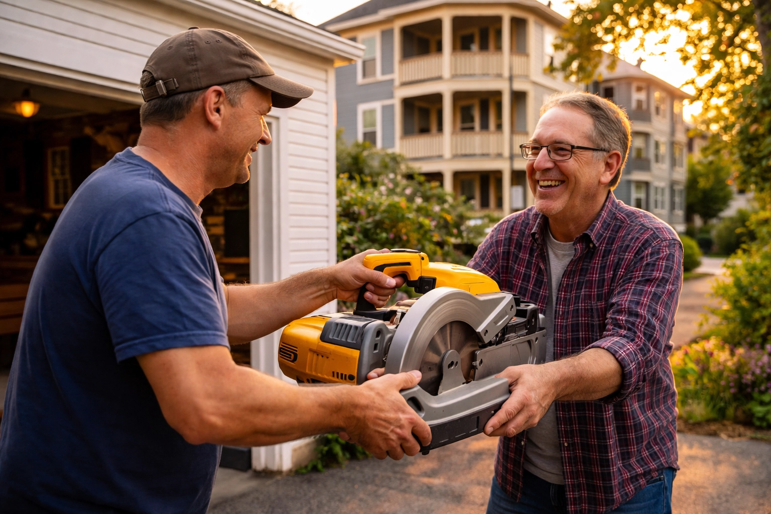 Neighbors exchanging a miter saw in a friendly driveway moment, highlighting community tool sharing in Boston