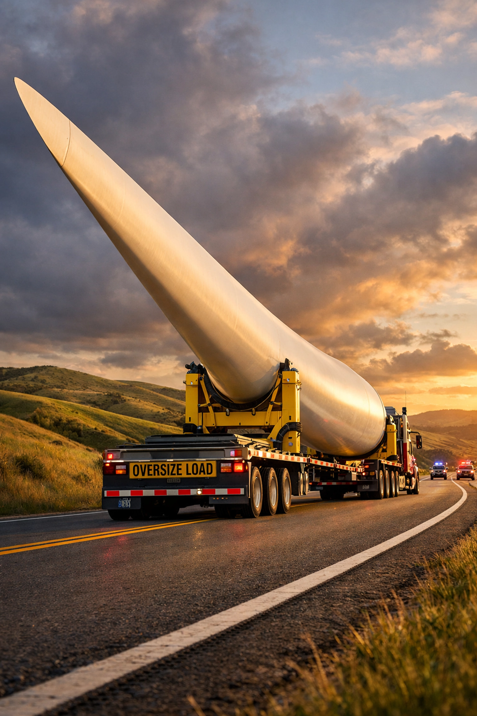 Oversized wind turbine blade transported on heavy-haul truck with police escort on highway