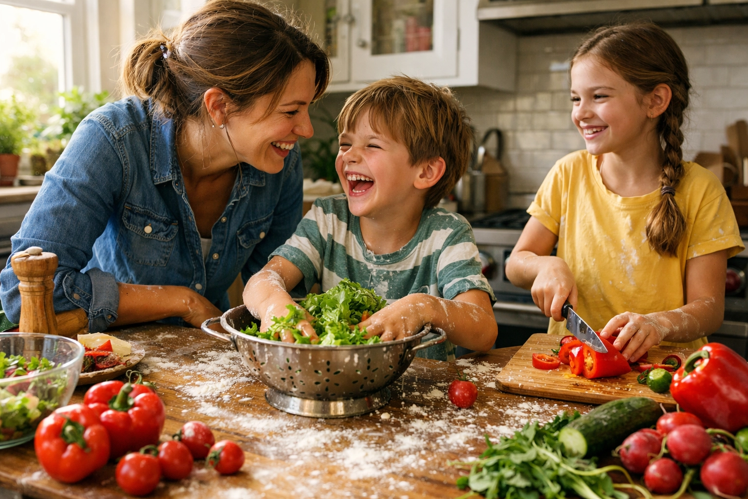 Mother and children preparing a healthy meal together in a sunny kitchen, fostering connection through daily tasks.
