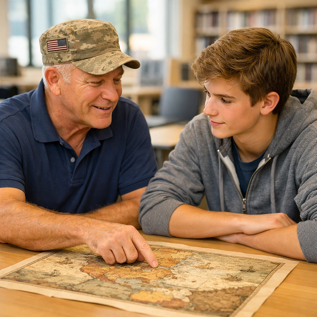 Military veteran mentoring a high school student about history in a library for civic education programs.