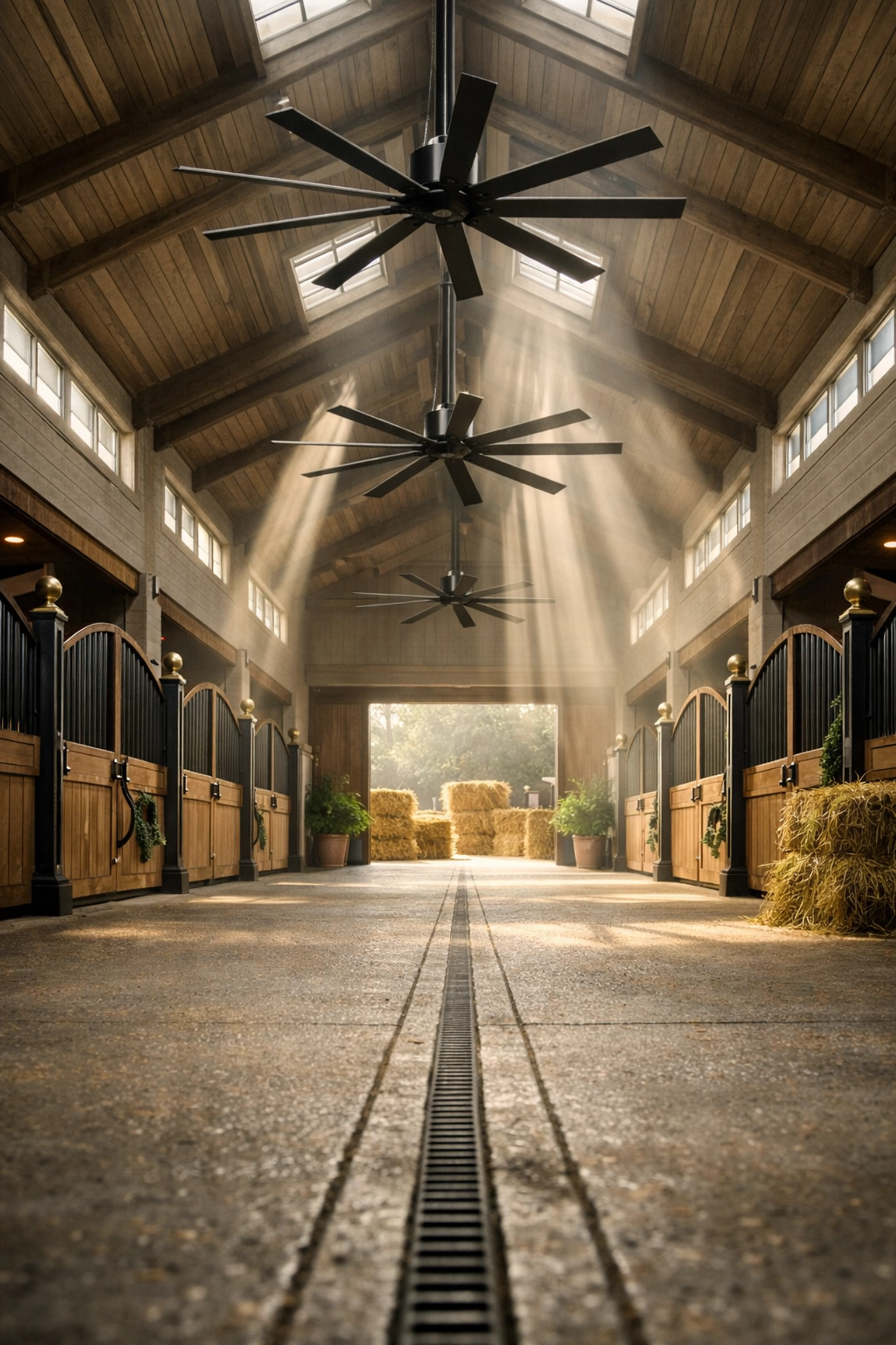 Luxury horse barn interior in Charlotte with ceiling fans and natural ventilation system