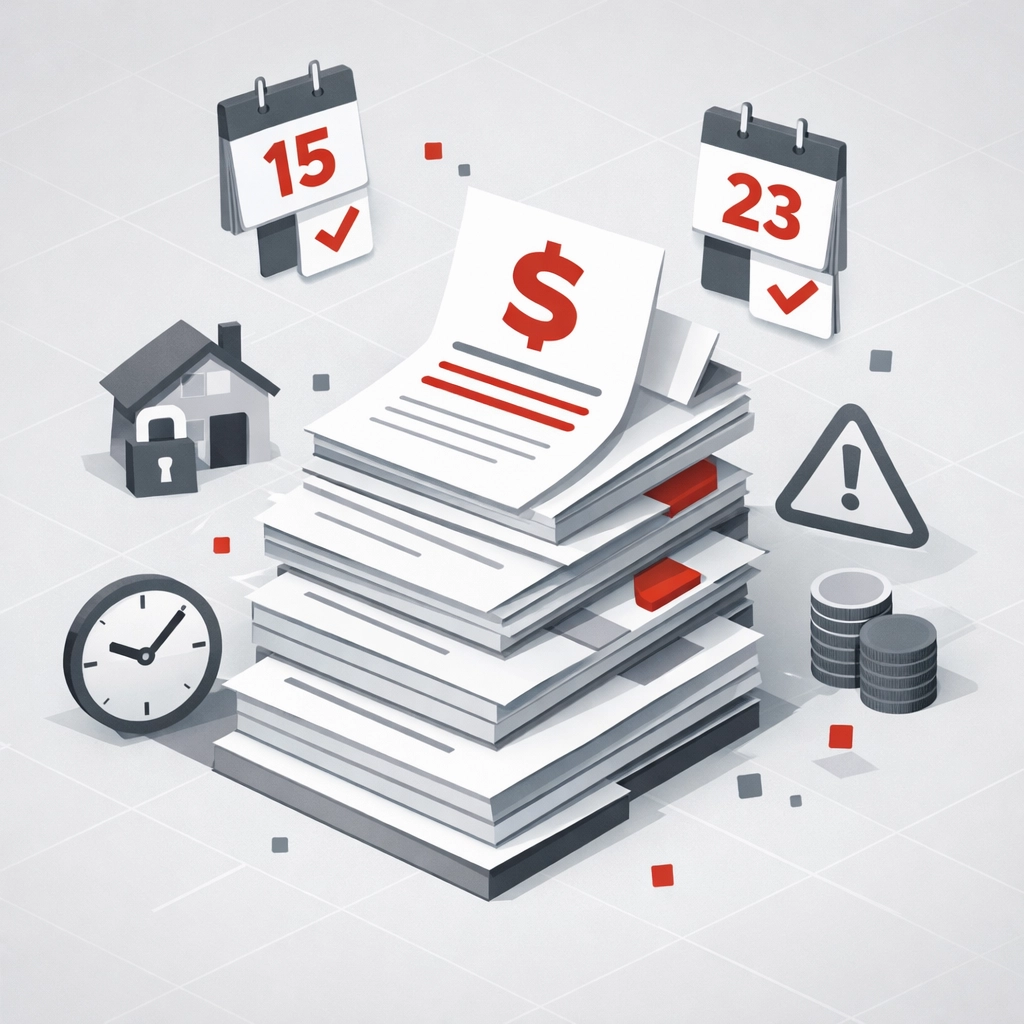 Stacked documents illustrating daily fines and penalties for Florida building code violations