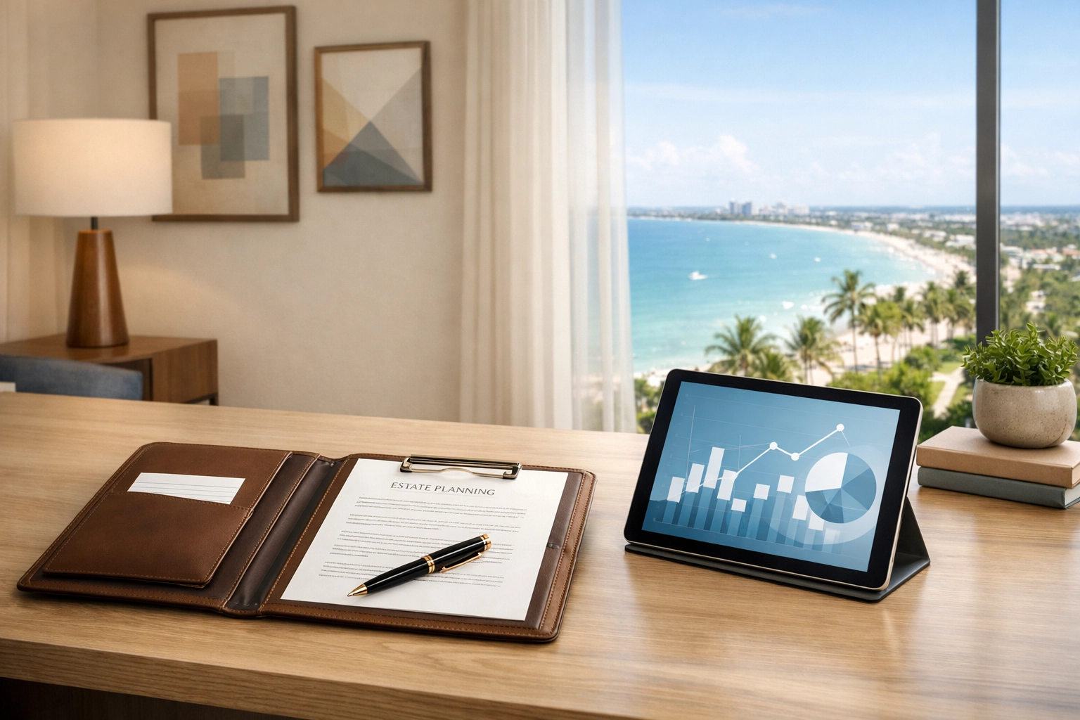 Estate planning documents and financial charts in Florida office for wealth management strategy