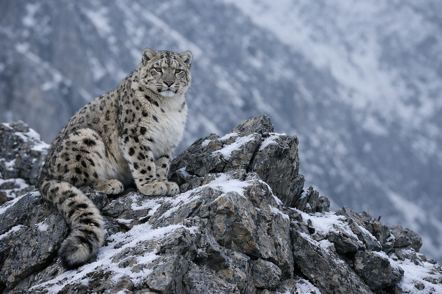 A Snow Leopard on a snowy mountain ridge illustrating authentic wildlife conservation storytelling.