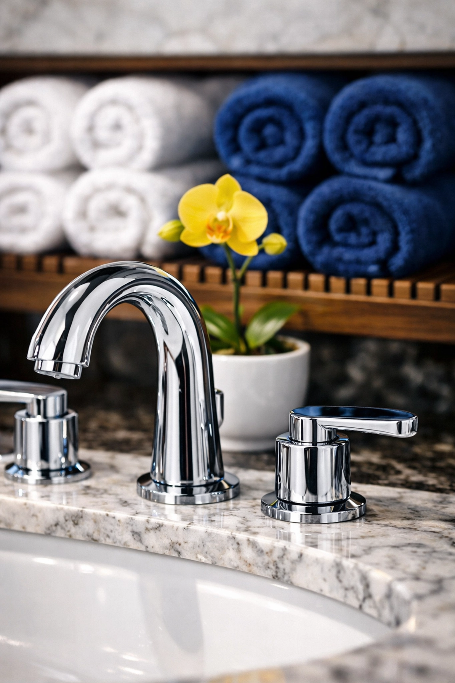 Sparkling chrome fixtures and organized linens showing the detail of residential cleaning Massachusetts for luxury homes.