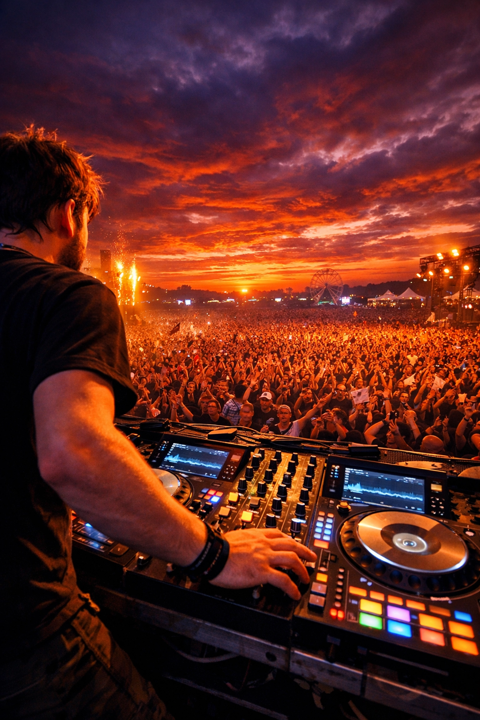 View from a festival stage of a performer facing a large crowd during a sunset event.