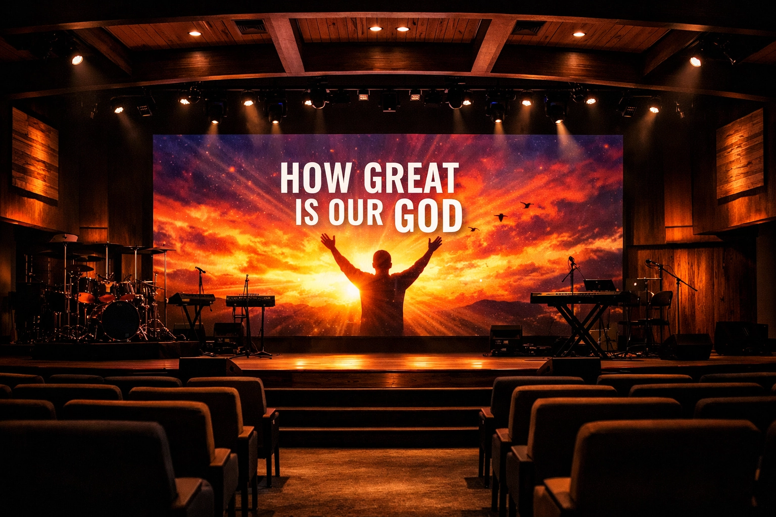 LED video wall installed in modern worship sanctuary behind stage