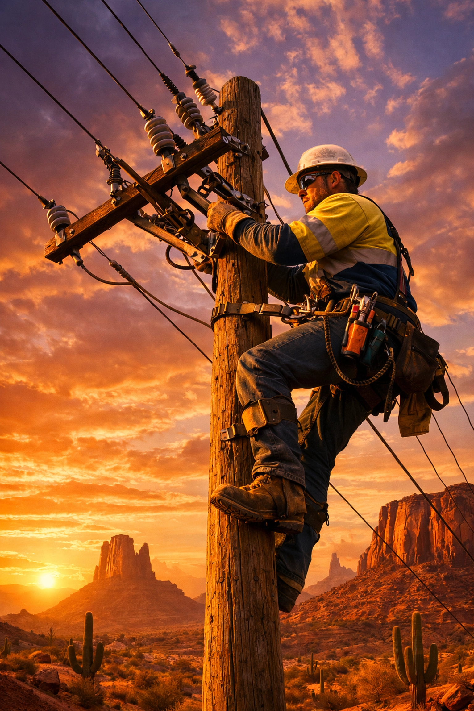 Arizona utility lineman working on power lines during golden hour