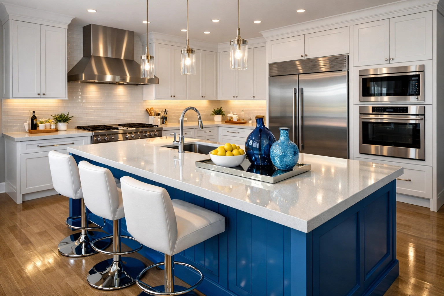 A spotless, professionally cleaned high-end kitchen featuring bright white cabinetry and a fresh atmosphere.
