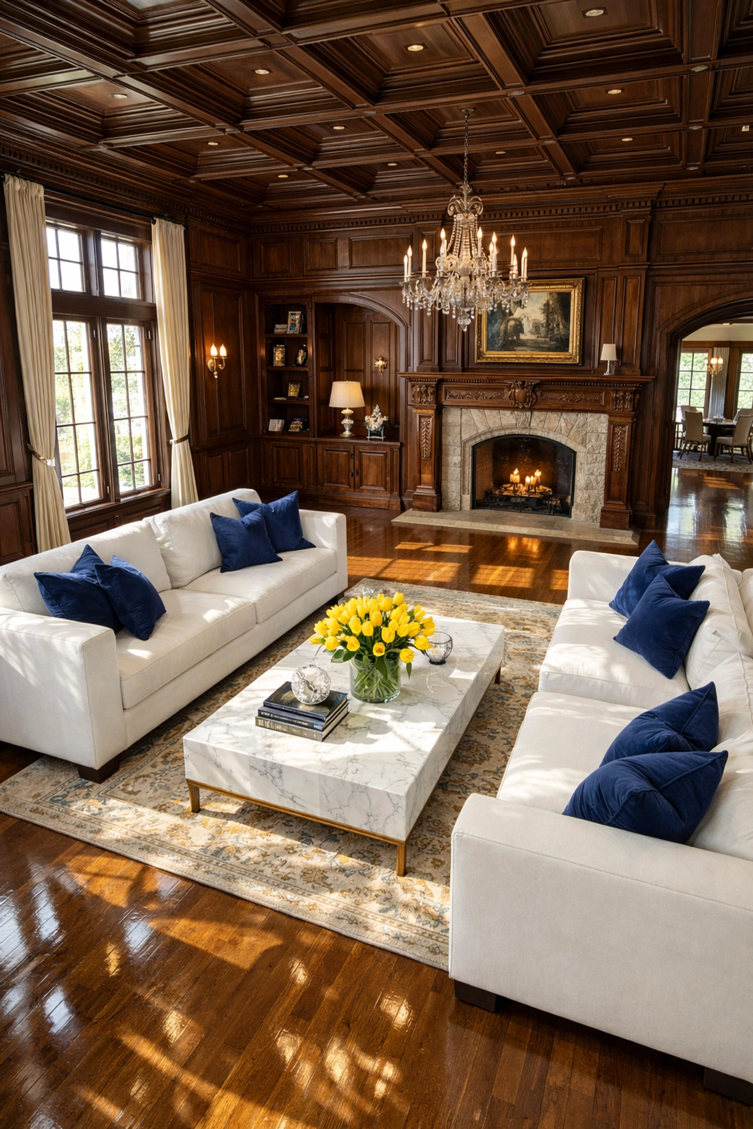 Luxury Easton residential cleaning results in a grand living room with polished floors and spotless windows.