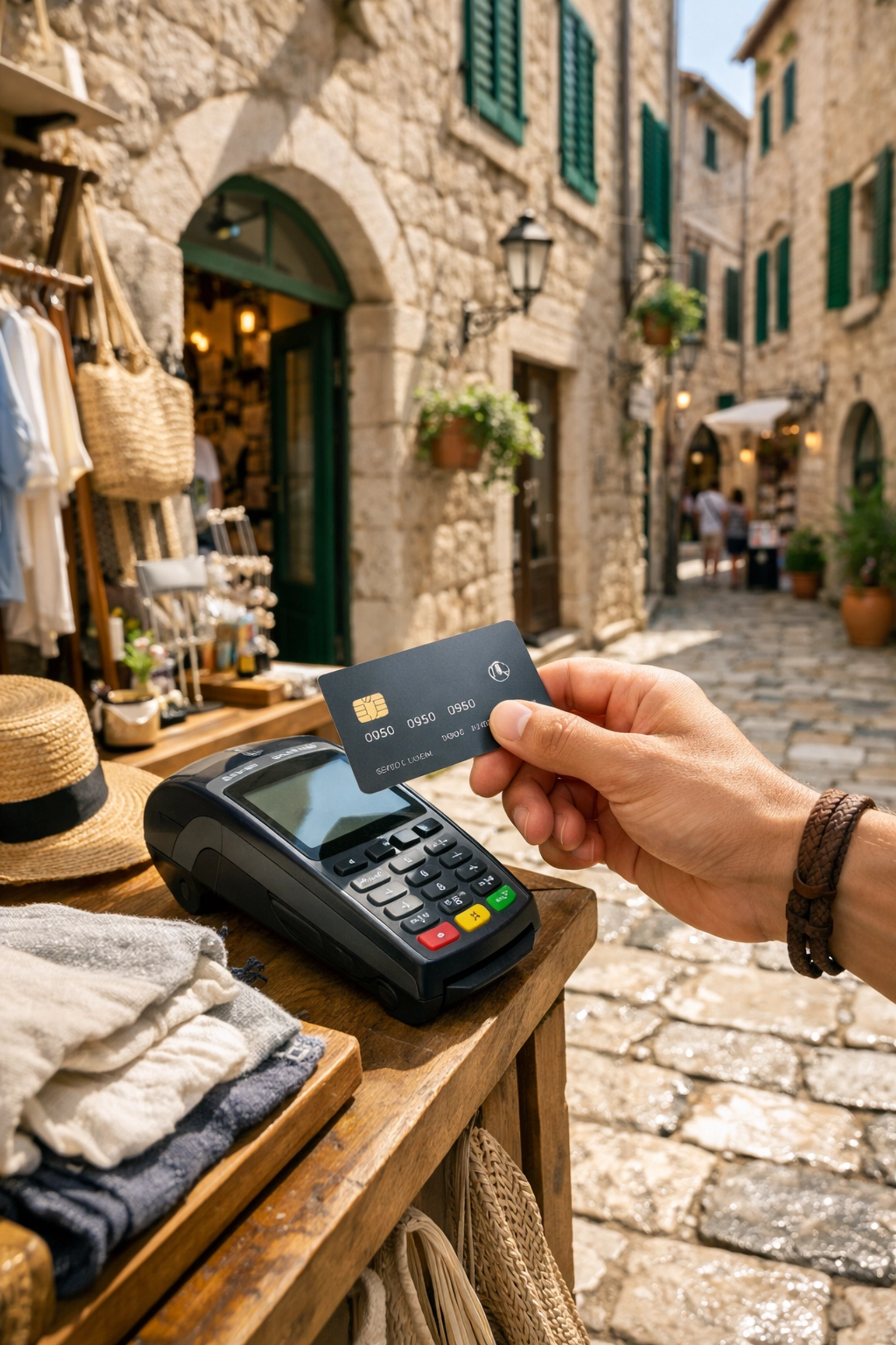 Modern credit card payment in a historic stone alleyway of Kotor Old Town, Montenegro.