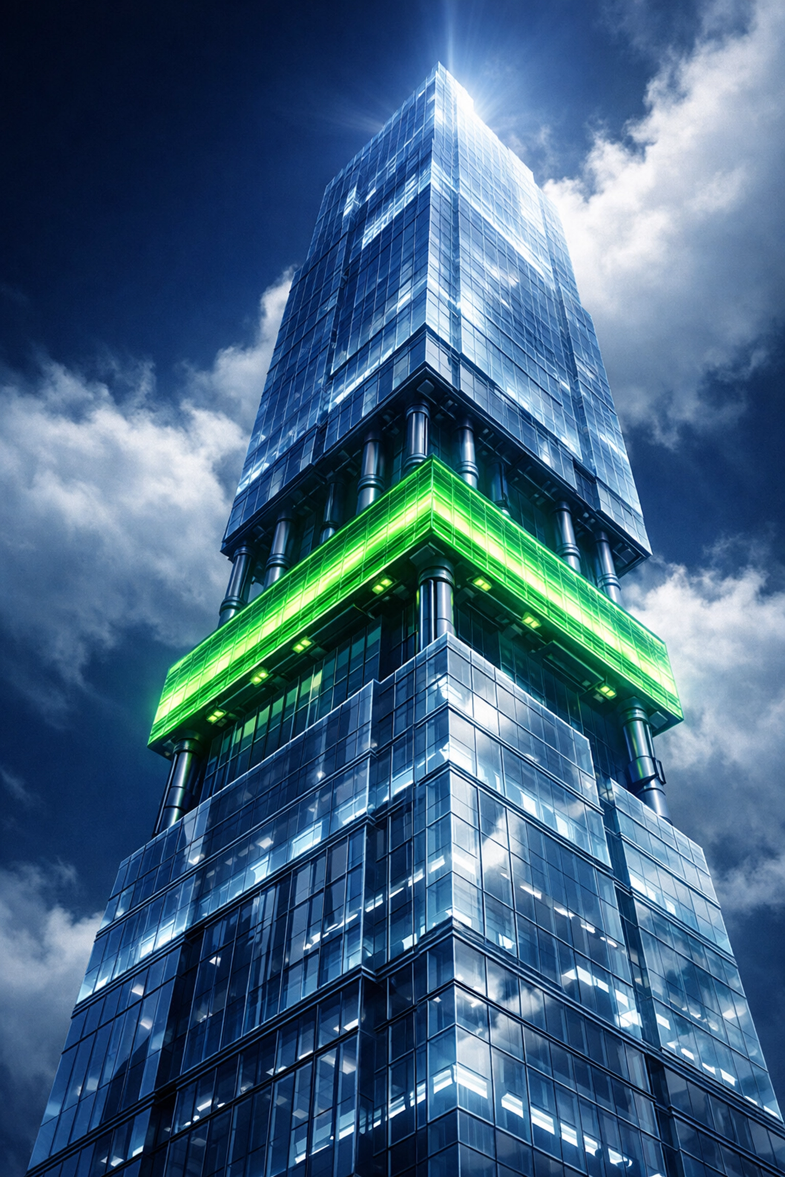 Architectural skyscraper with a glowing layer representing the growth of a business EBITDA multiplier.