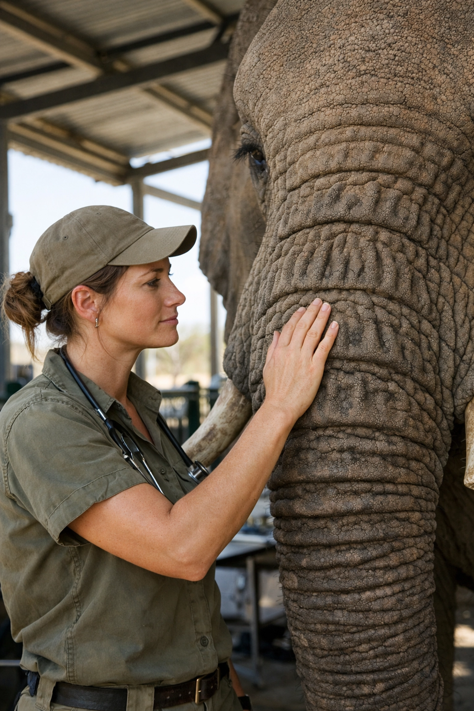 A wildlife veterinarian connecting with an African elephant to humanize conservation efforts.