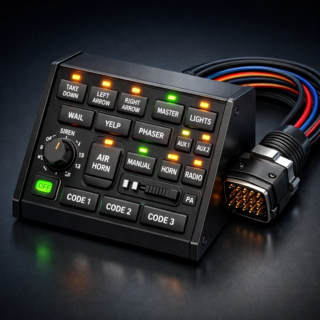 Sophisticated emergency vehicle light and siren control module with professional wiring connectors.