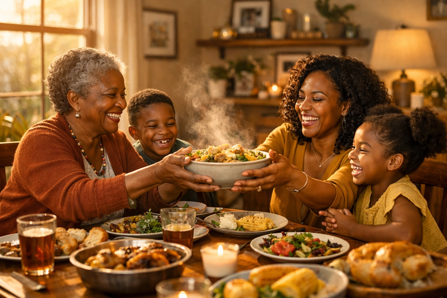 Multi-generational Black family sharing a meal, celebrating housing stability and financial freedom in New Jersey.