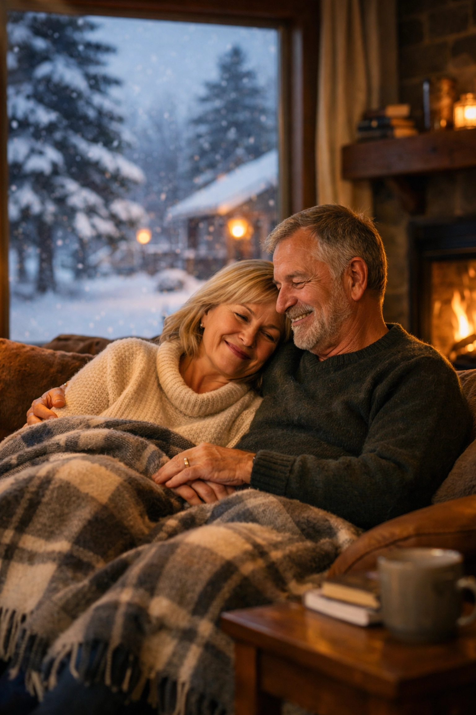 An older couple enjoying a warm fireplace during a Michigan winter, representing peace of mind with final expense insurance.