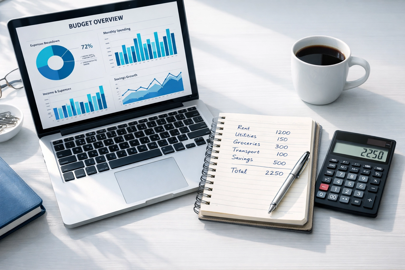 Budget planning workspace with financial analysis charts