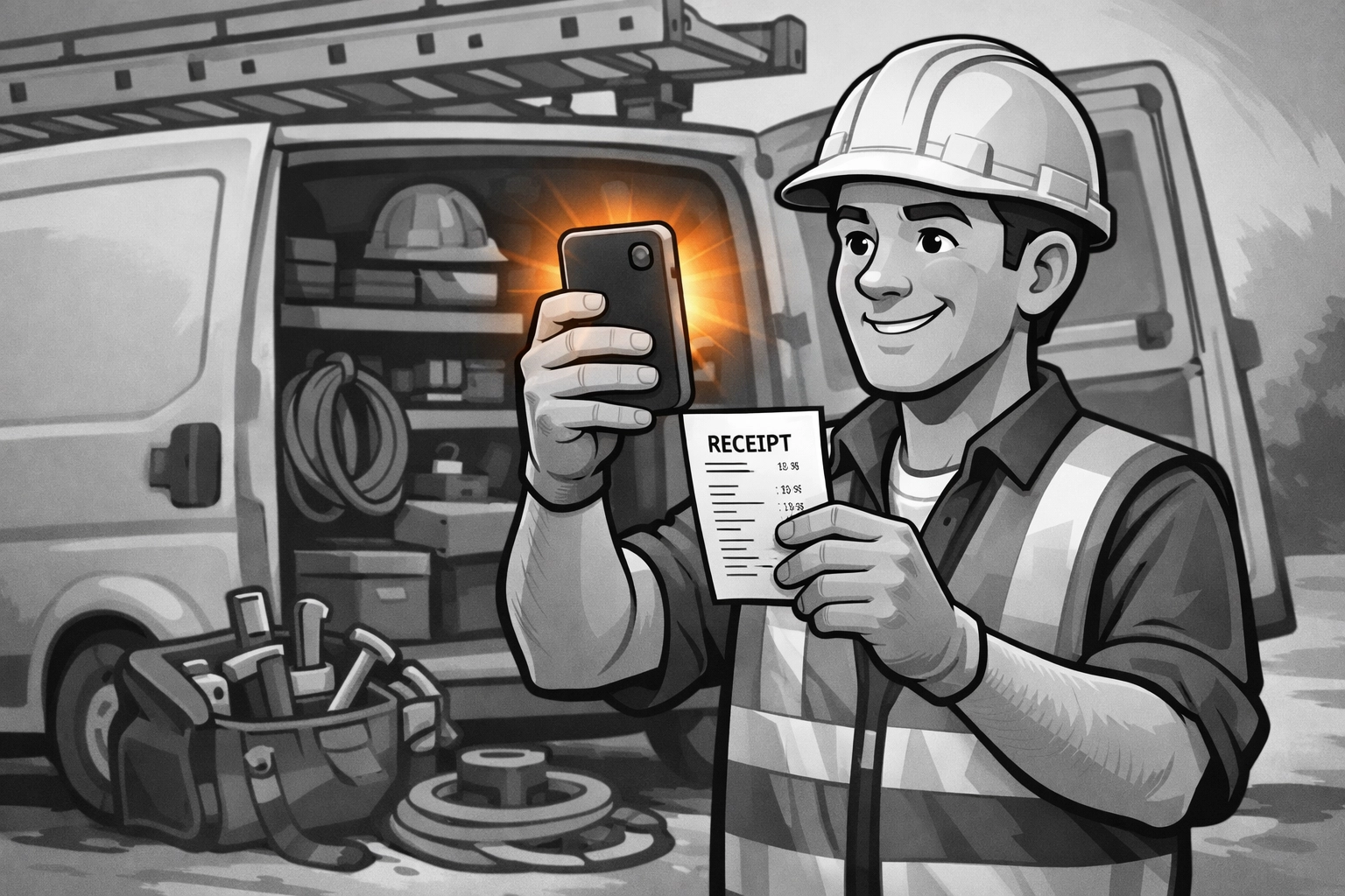 Construction worker using smartphone to photograph receipt for CIS expense claim record-keeping