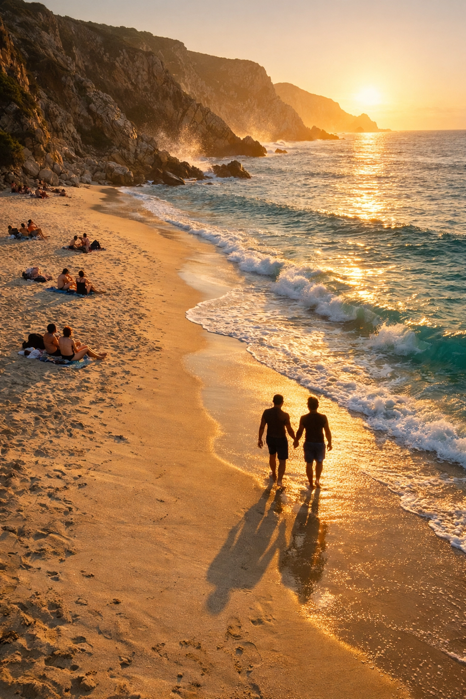 Gay couple holding hands at secluded LGBTQ+ friendly nudist beach during golden hour