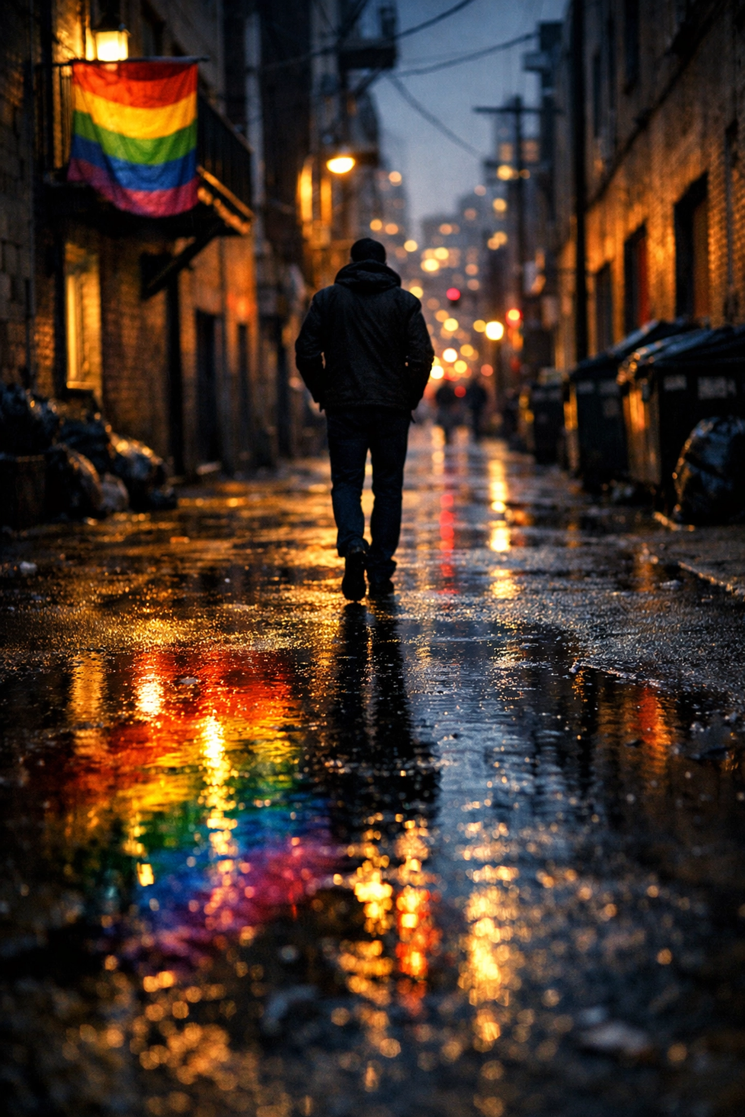 Solitary man walking through a dark city street with pride flag reflections, capturing the grit of gay romance novels.
