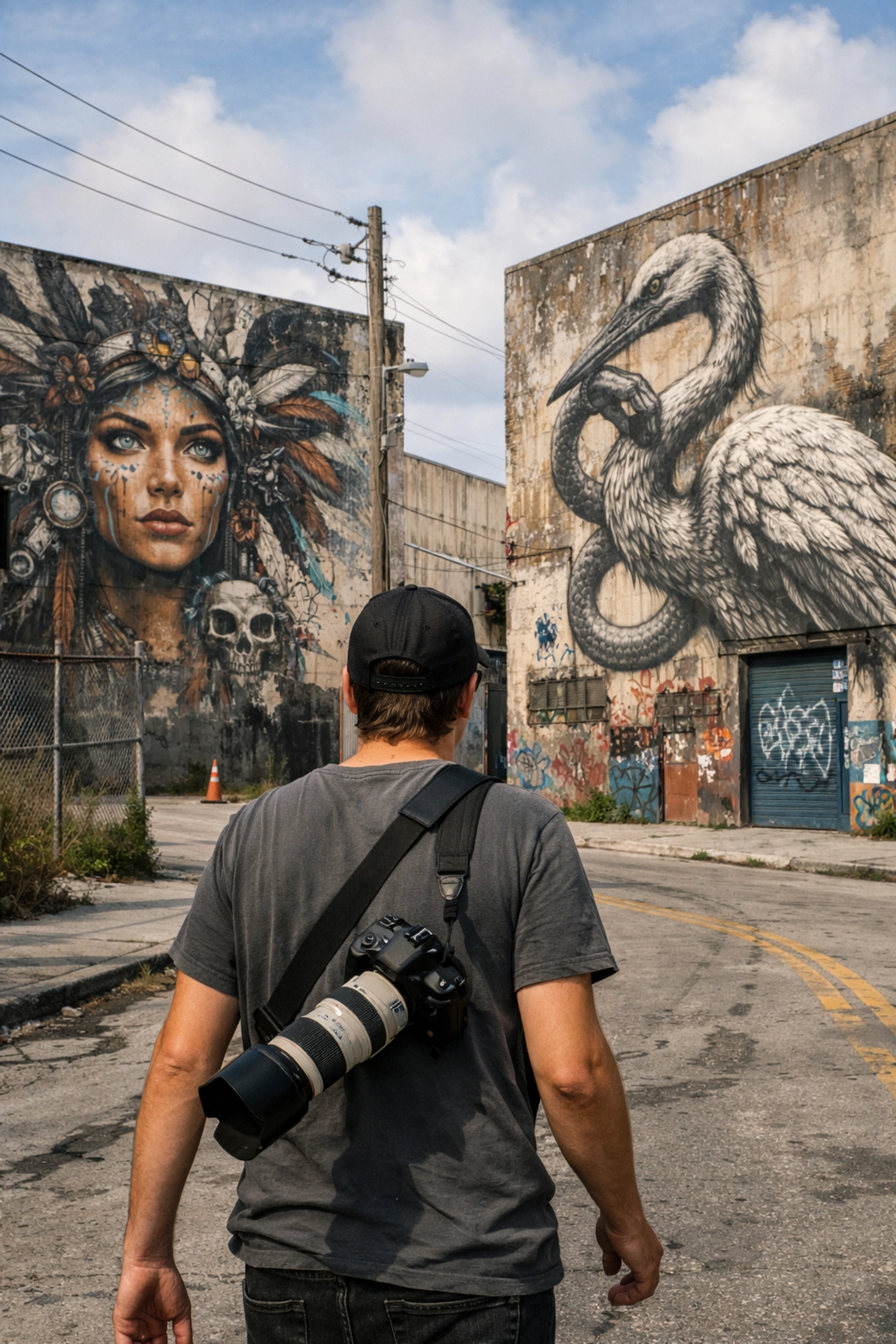 Photographer walking past Wynwood Walls murals, a top fun thing to do in Miami