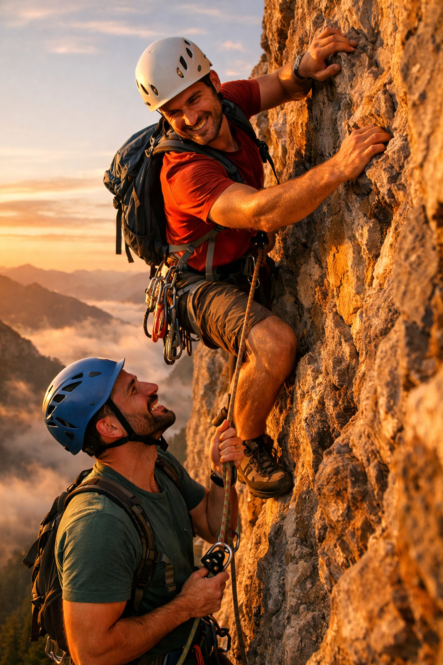 Two gay climbers ascending cliff face together demonstrating trust in LGBTQ+ mountaineering community