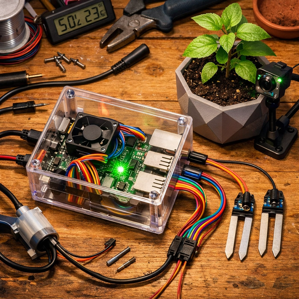 DIY urban garden automation using a Raspberry Pi microcontroller and moisture sensors.