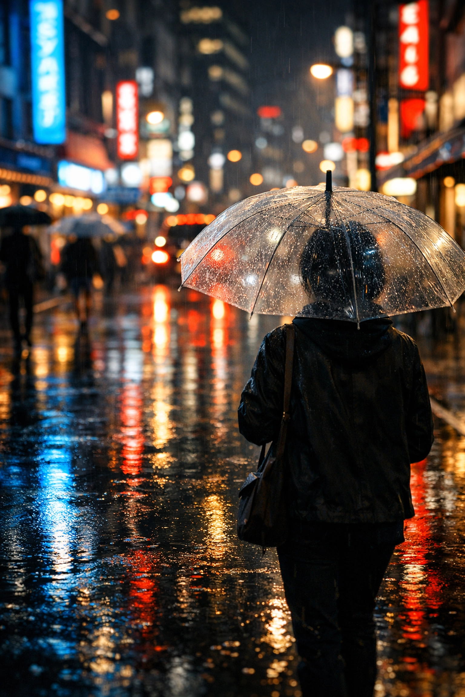 An ultra-realistic eye-level photograph of a rainy night in a bustling metropolis. The wet asphalt street is slick and glossy, acting as a mirror that reflects the vibrant blues, reds, and yellows of neon shop signs. A person holding a translucent umbrella walks through the frame, their figure captured with crisp detail while the surrounding city lights blur into a moody, atmospheric street photography masterpiece.