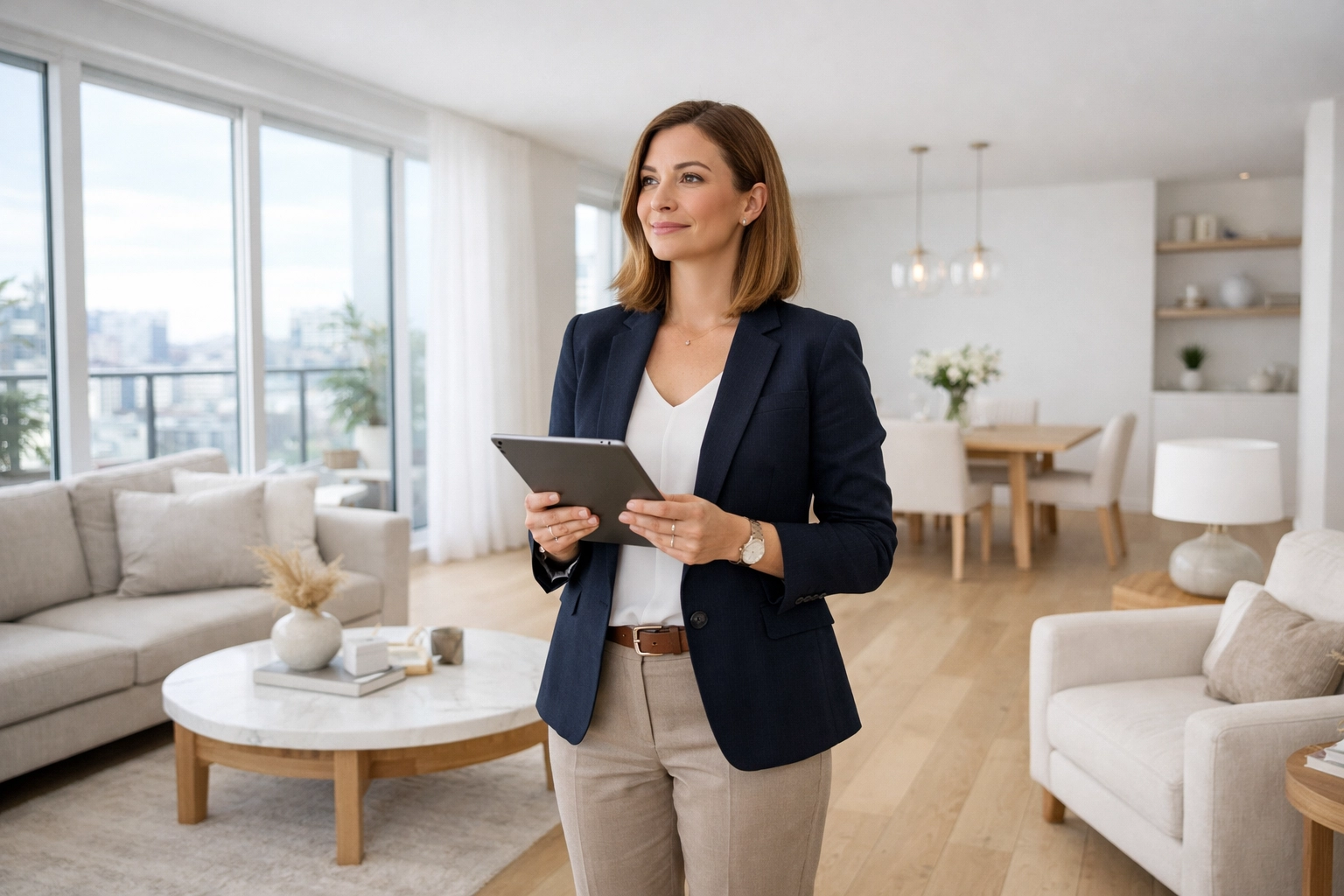 Portfolio manager inspecting a clean, minimalist apartment ready for move-in.