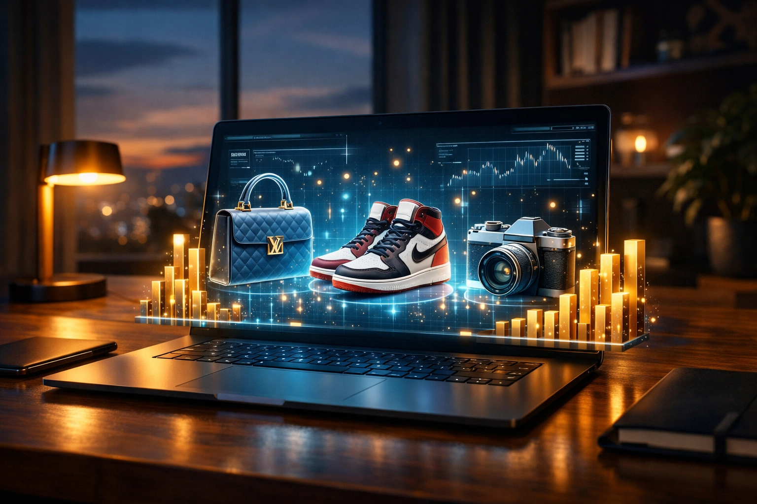 AI sourcing tool on a laptop recommending high-profit resale inventory and market data charts.